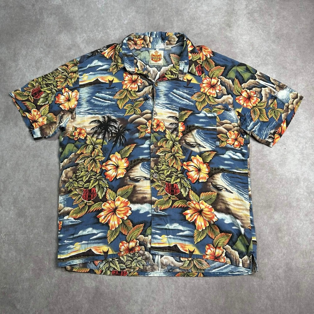 Vtg Duke Kahanamoku Mens Hawaiian Shirt Large Blue Tropical Scenic Cotton Rayon